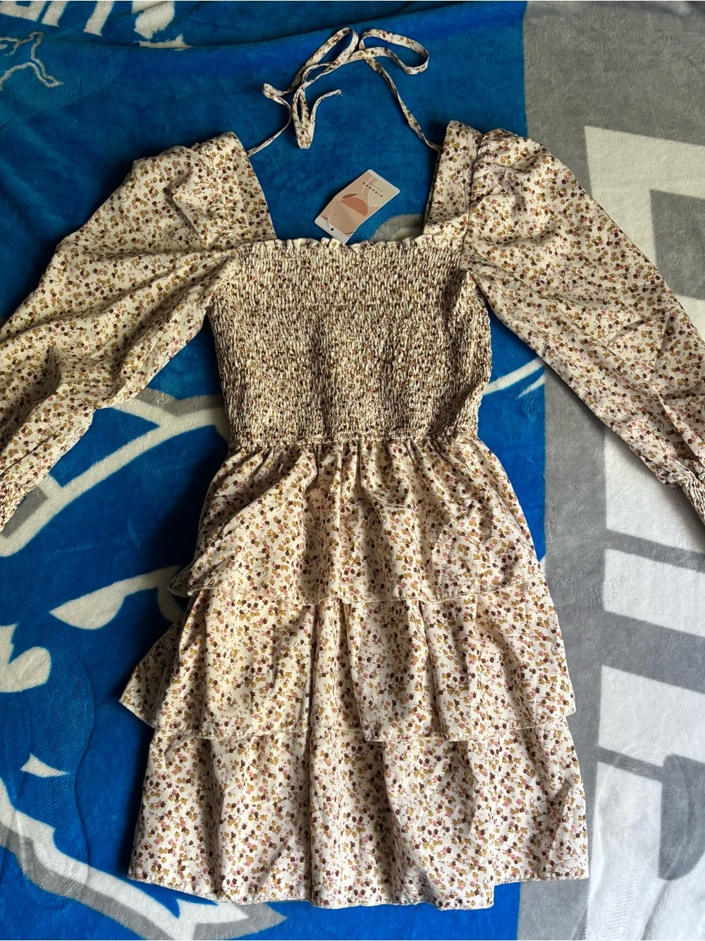 Cream Floral Smocked Casual Dress with Puff Sleeves